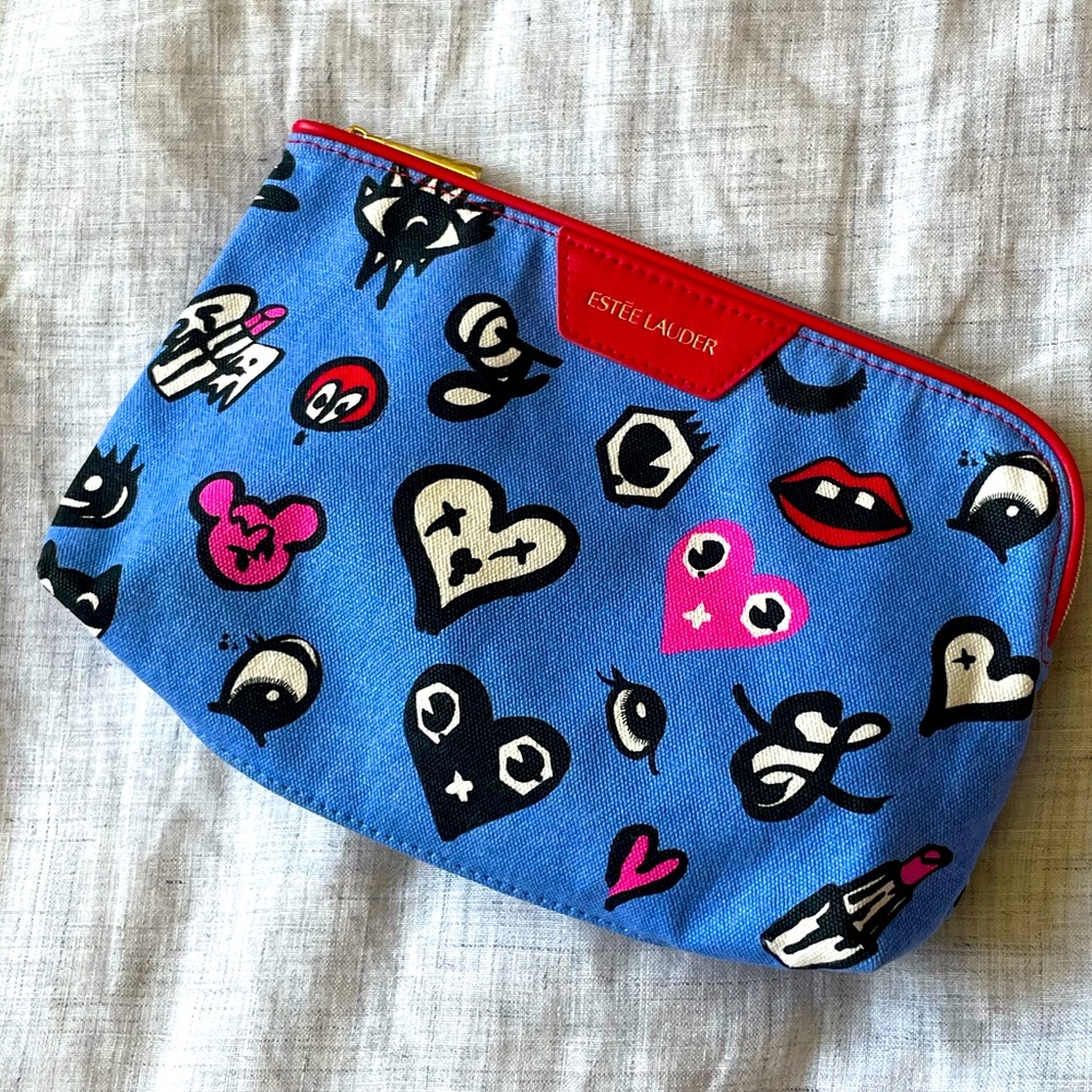 Estée Lauder • Heart Print Blue and Red Cosmetic Makeup Bag By Quentin Jones